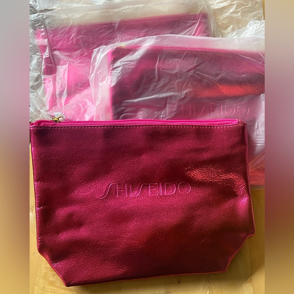 3x SHISEIDO Makeup Cosmetic Toiletry Bag Pouch Metallic Magenta Travel Purse